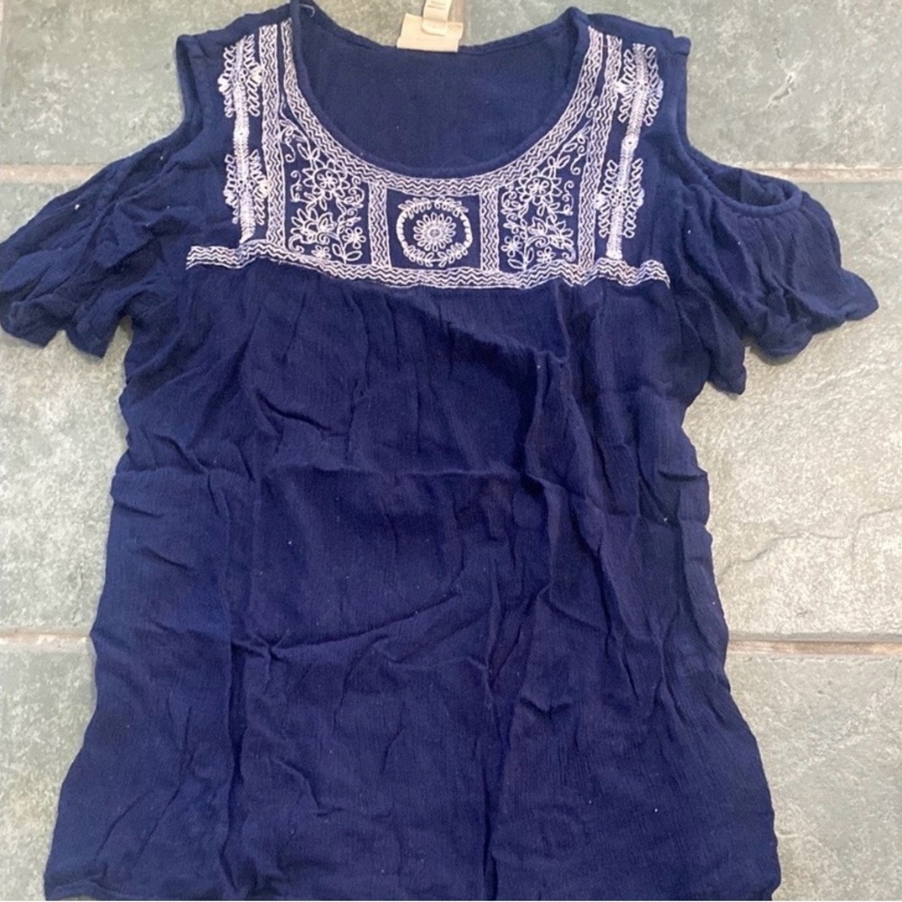 St. John's Bay Navy Blouse with White Embroidery
